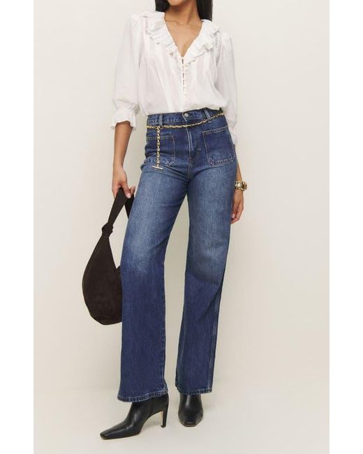 Reformation White Perry Ruffle Accent Button-Up Shirt
