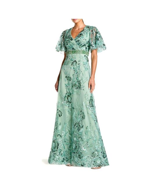 Mac Duggal Women's Green Floral Embellished Short Sleeve Faux Wrap Gown Mac Duggal Women's Green Floral Embellished Short Sleeve Faux Wrap Gown
