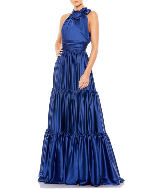 Mac Duggal Blue Bow Detail Tiered Satin A-line Gown