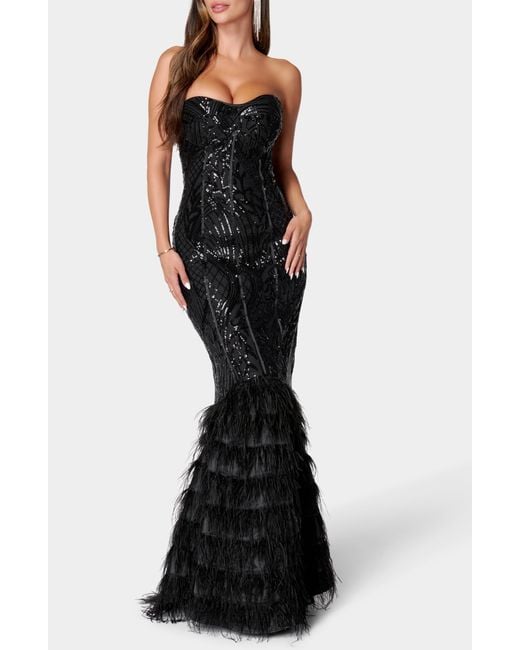 Bebe Blue Sequin Feather Trim Strapless Gown