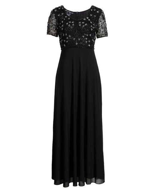 Pisarro Nights Black Beaded Bodice Short Sleeve Gown