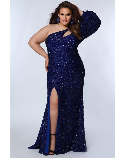 Sydney's Closet Blue One-Shoulder Pouf Sleeve Sequin Plus Size Evening Gown