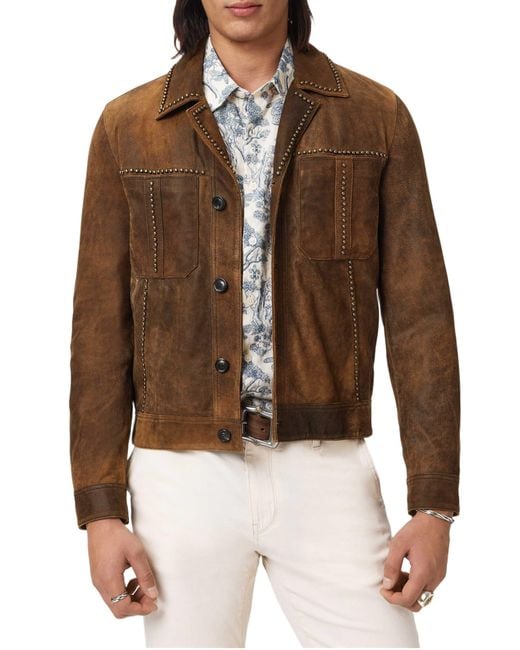 John Varvatos Brown Carson Stud Detail Suede Jacket for men