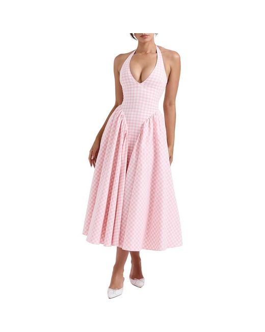 House Of Cb Pink Marilyn Gingham Halter Midi Sundress