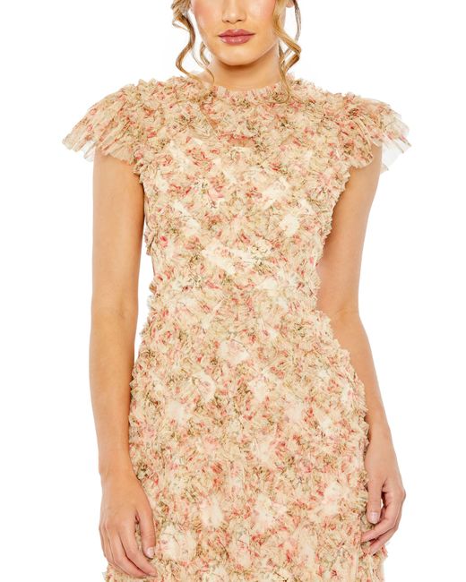Mac Duggal Natural Floral Flutter Cap Sleeve Cocktail Midi Dress