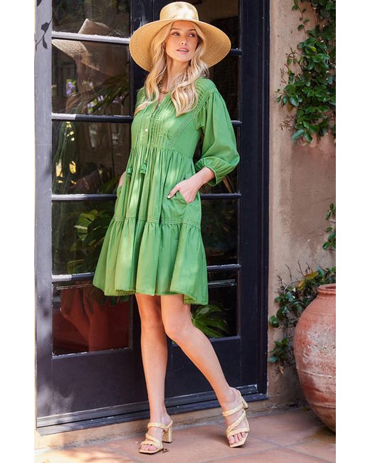 Karen Kane Green Tiered Lace Trim Cotton Dress