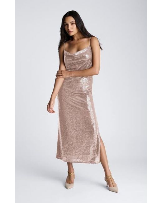 Kenneth Cole Natural Sequin Cowl Neck Midi Slipdress