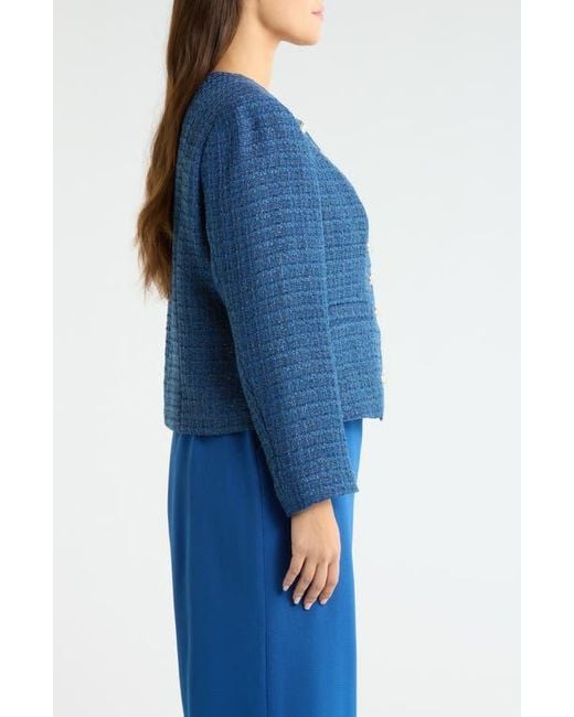 Tahari Blue Collarless Bouclé Jacket
