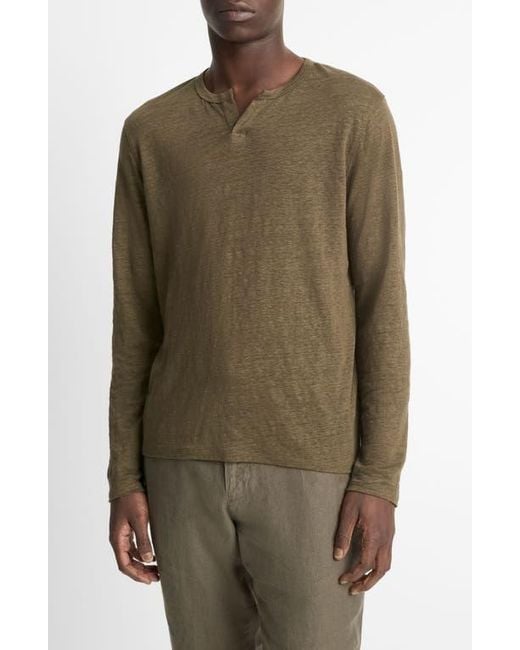 Vince Green Notch Neck Long Sleeve Slub Linen T-Shirt for men