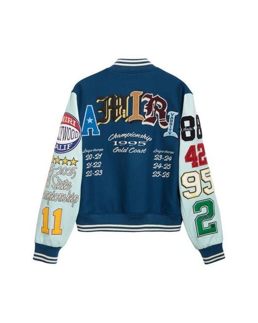Amiri Blue Varsity Patch Wool Blend & Leather Jacket for men