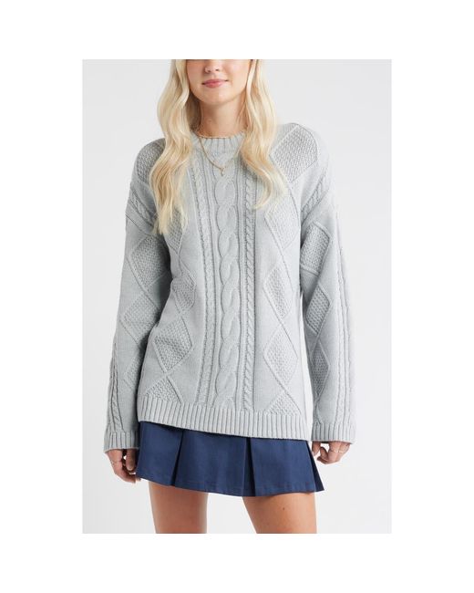 BP. Gray Cabled Oversize Cotton Blend Crewneck Sweater