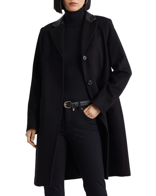 Lauren by Ralph Lauren Black Faux Leather Trim Wool Blend Longline Coat