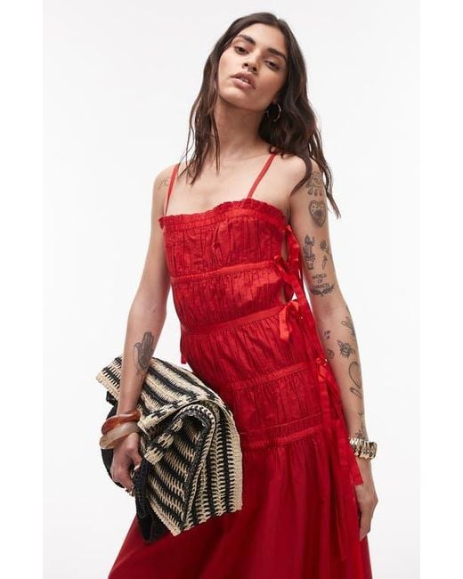 TOPSHOP Red Ruched Cotton Poplin Midi Dress