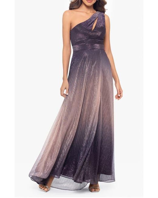 Betsy & Adam Purple One-Shoulder Metallic Crinkle Ombré Gown