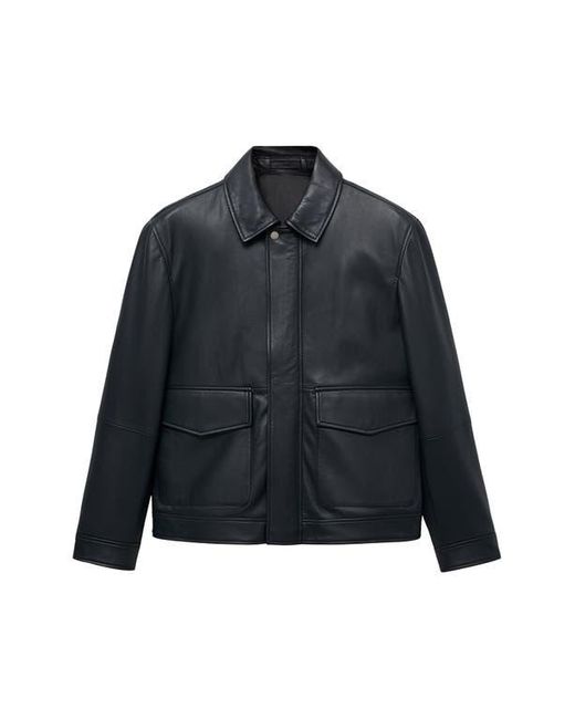 Mango Blue Leather Jacket With Pockets for men