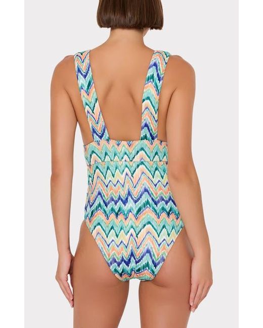 MILLY Blue Tropical Chevron Print One-Piece Swimsuit