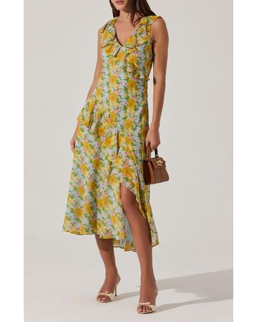 Astr Yellow Ruffle Sleeveless High-Low Midi Dress