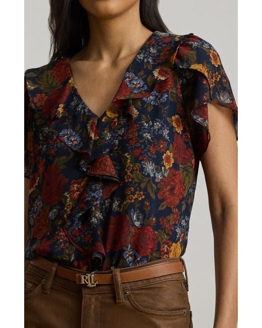 Ralph Lauren Brown Floral Ruffle Accent Top