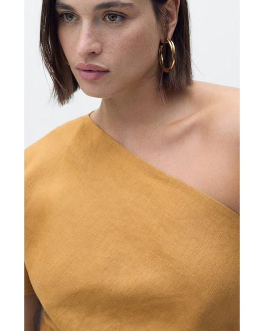 Mango Natural One-Shoulder Linen Midi Dress