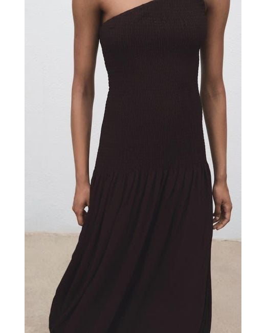 Mango Black Asymmetric Smocked One-Shoulder Midi Dress