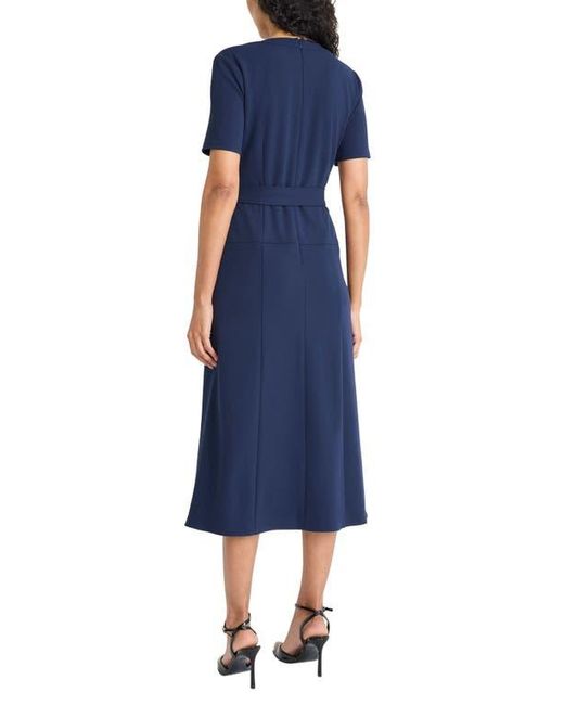 Maggy London Blue Short Sleeve Tie Waist A-Line Midi Dress