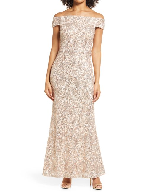 Vince Camuto Natural Sequin Floral Off The Shoulder Sheath Gown