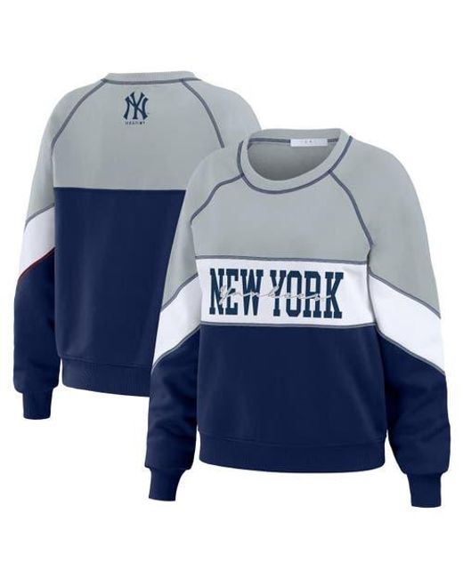 WEAR by Erin Andrews Blue New York Yankees Color Block Crew Neck Pullover Sweatshirt