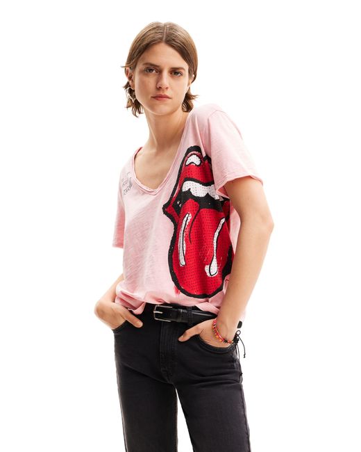 Desigual Red Rolling Stones Rhinestone Embellished Cotton Graphic T-shirt
