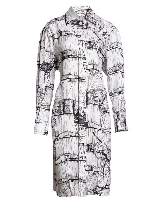 Ferragamo Gray Sailboat Print Long Sleeve Silk Shirtdress