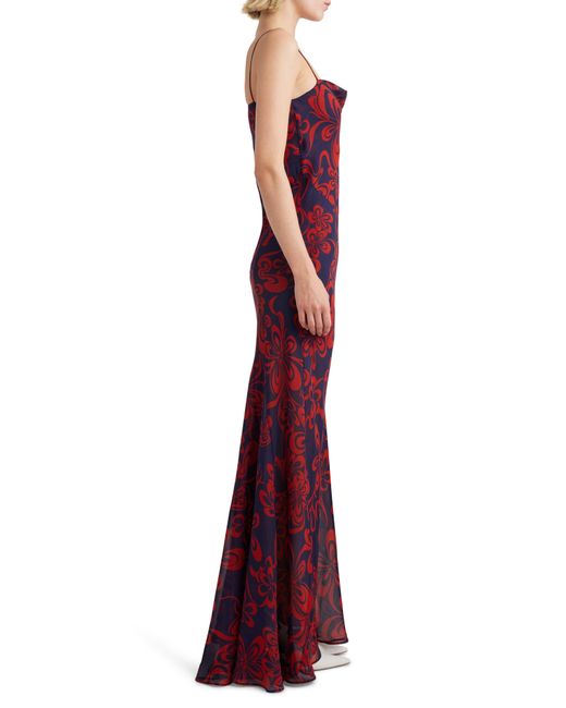 Dries Van Noten Red Print Cowl Neck Silk Gown