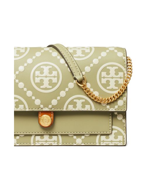 Tory Burch Metallic T-monogram Embossed Leather Wallet On A Chain