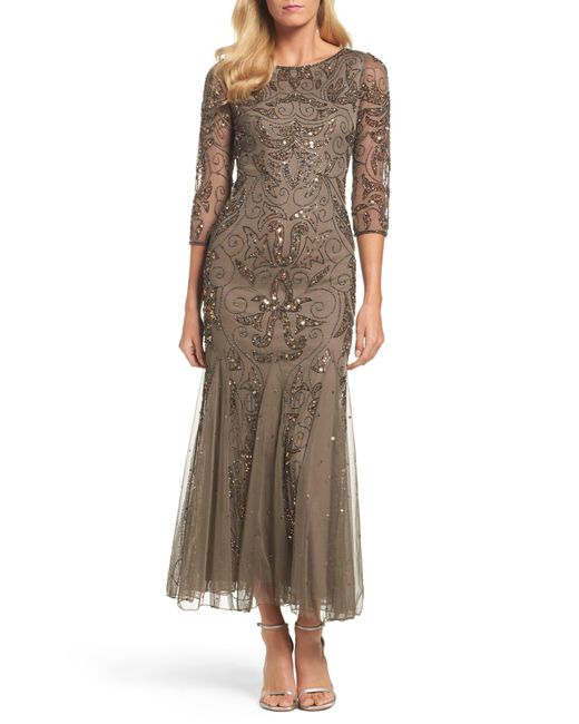 Pisarro Nights Natural Illusion Sleeve Beaded A-line Gown