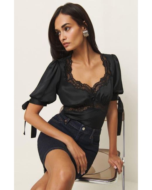 Reformation Black Dolly Lace Trim Silk Charmeuse Top