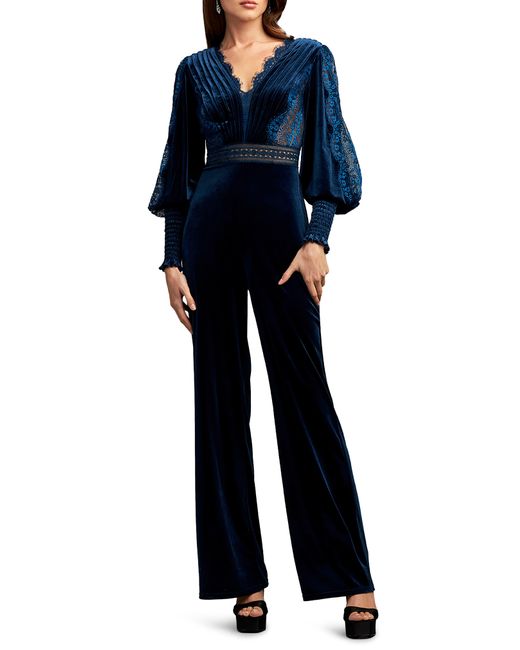 Tadashi Shoji Blue Lace Detail Long Sleeve Velvet Jumpsuit