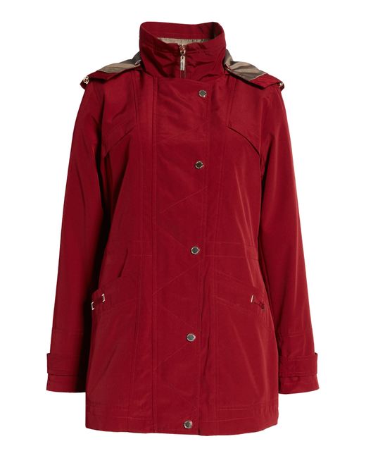 Gallery Red Cinched Waist Hooded Water Resistant Raincoat