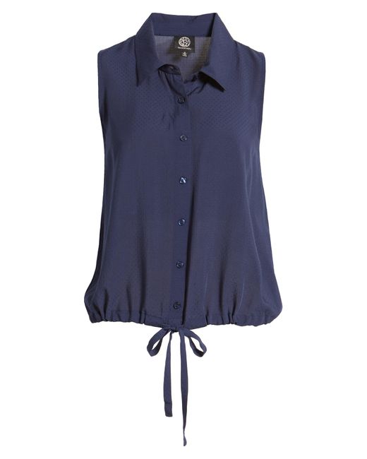 Bobeau Blue Drawstring Waist Sleeveless Button-up Top