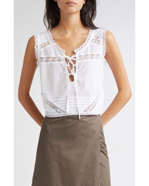 KÚR White Lyra Lace Inset & Pintuck Cotton Crop Top
