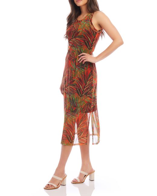 Karen Kane Red Palm Print Mesh Midi Dress