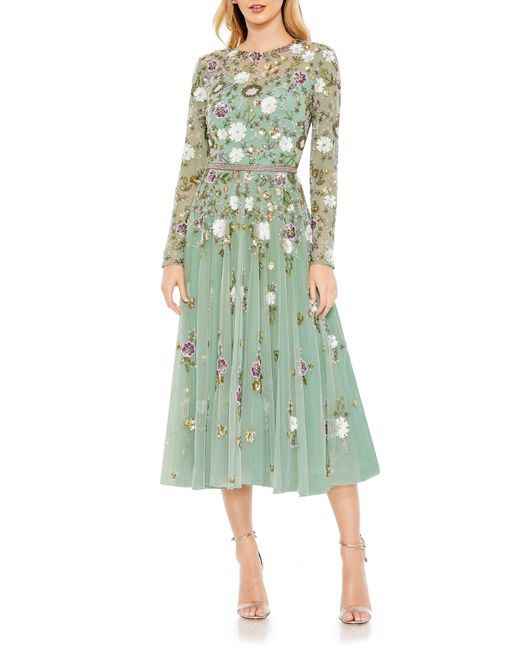 Mac Duggal Green Sequin Floral Long Sleeve Mesh Dress
