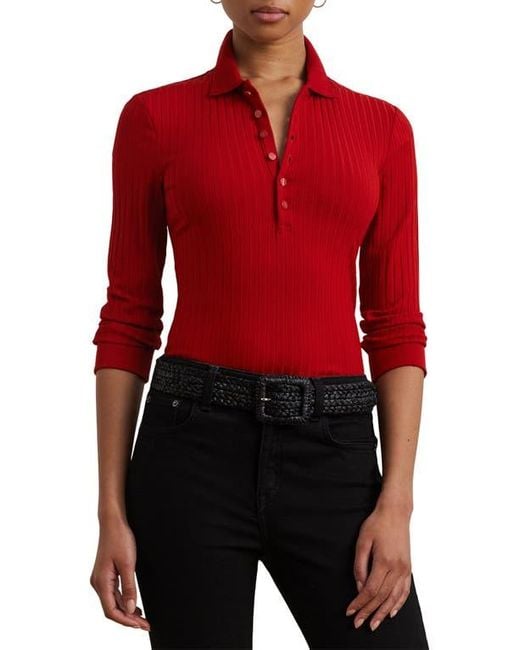 Ralph Lauren Red Three Quarter Sleeve Rib Polo