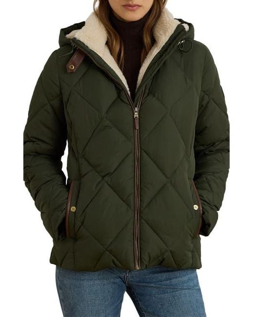 Ralph Lauren Green Diamond Puffer Coat With Faux Shearling Lining