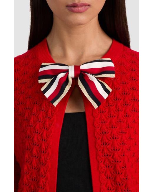 Alice + Olivia Red Dollie Pointelle Wool Blend Bow Accent Cardigan