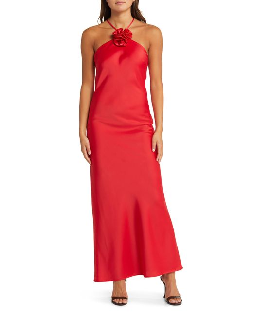 Wayf Red The Adele Rosette Satin Gown