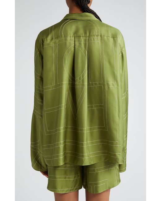 Totême  Green Monogram Embroidered Silk Button-up Shirt