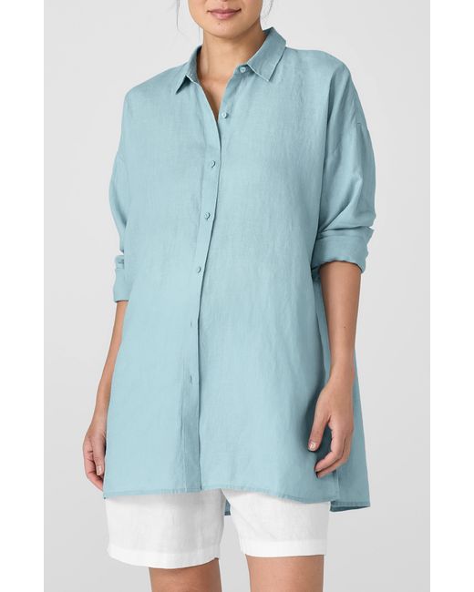 Eileen Fisher Blue Classic Long Organic Linen Button-up Shirt