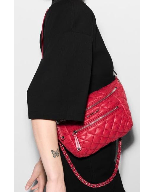 MZ Wallace Red Small Crosby Quilted Nylon Convertible Sling Bag