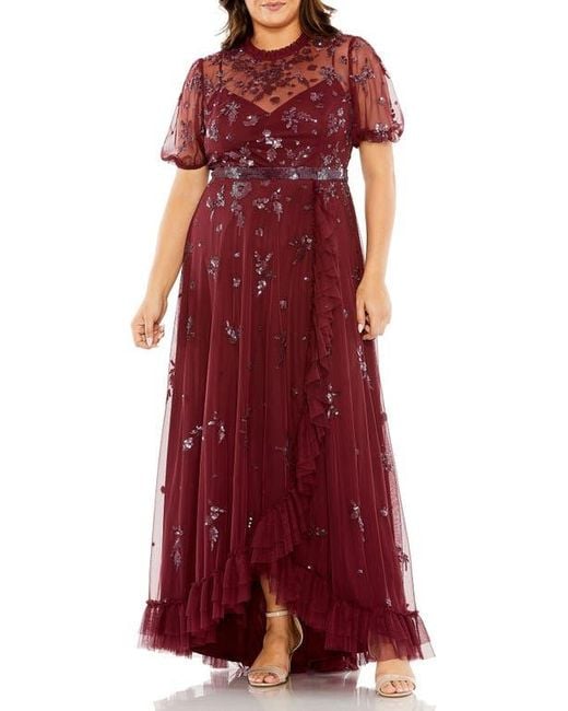 Mac Duggal Red High Neck Puff Short Sleeve Embellished Faux Wrap