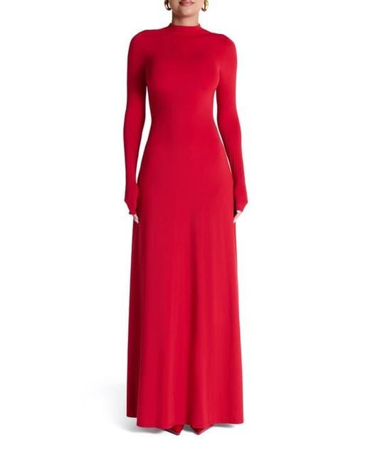 Naked Wardrobe Mock Neck Long Sleeve Maxi Dress in Red | Lyst