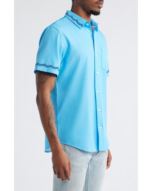 MAVRANS Blue Weekend Wave Embroidered Short Sleeve Performance Button-Up Shirt for men