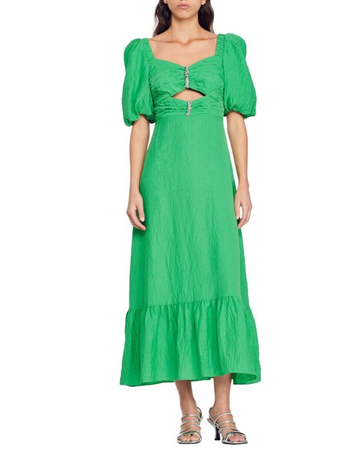 Sandro Green Falbala Embellished Cutout Dress